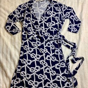 3/4 Sleeve Navy + White Sade New York Wrap Dress